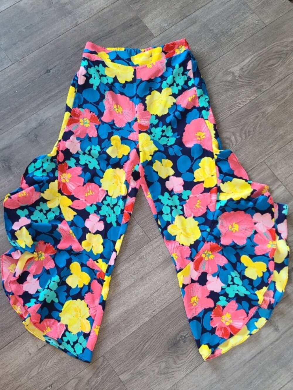 NEW SUGAR LIPS FLORAL PRINT CURVED RUFFLE HEM PANTS HIGH RISE ELASTIC WAIST sz M